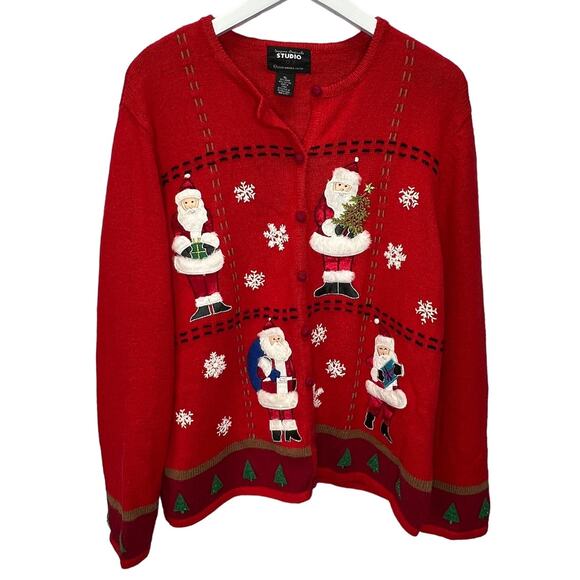 Designers Originals Studio Red Chirtsmas Cardigan Sweater Size XL Santa Trees - Picture 1 of 5